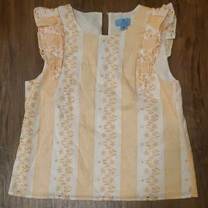 Cece Women's Striped Floral Ruffle Top - Cream and Orange